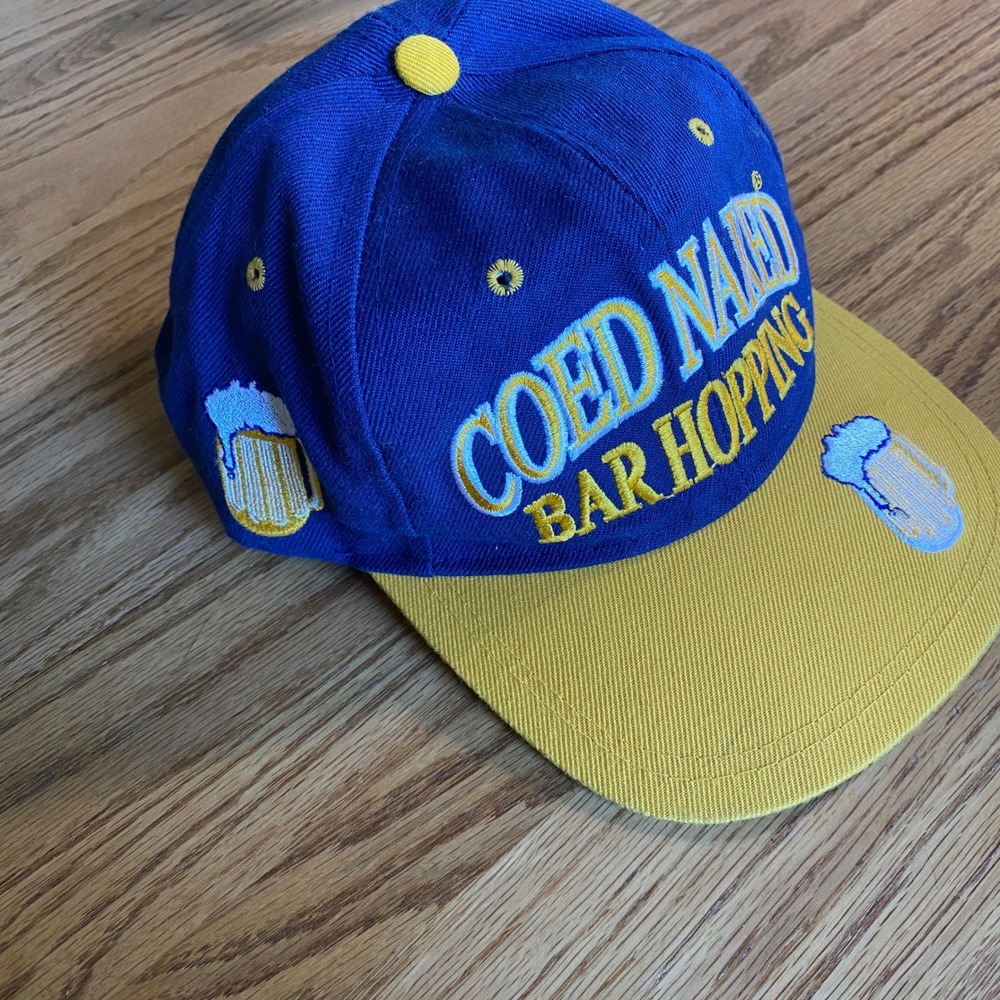 Coed Naked Bar Hopping Hat Unisex‎ OSFA Blue Yellow Vintage Style Snapback